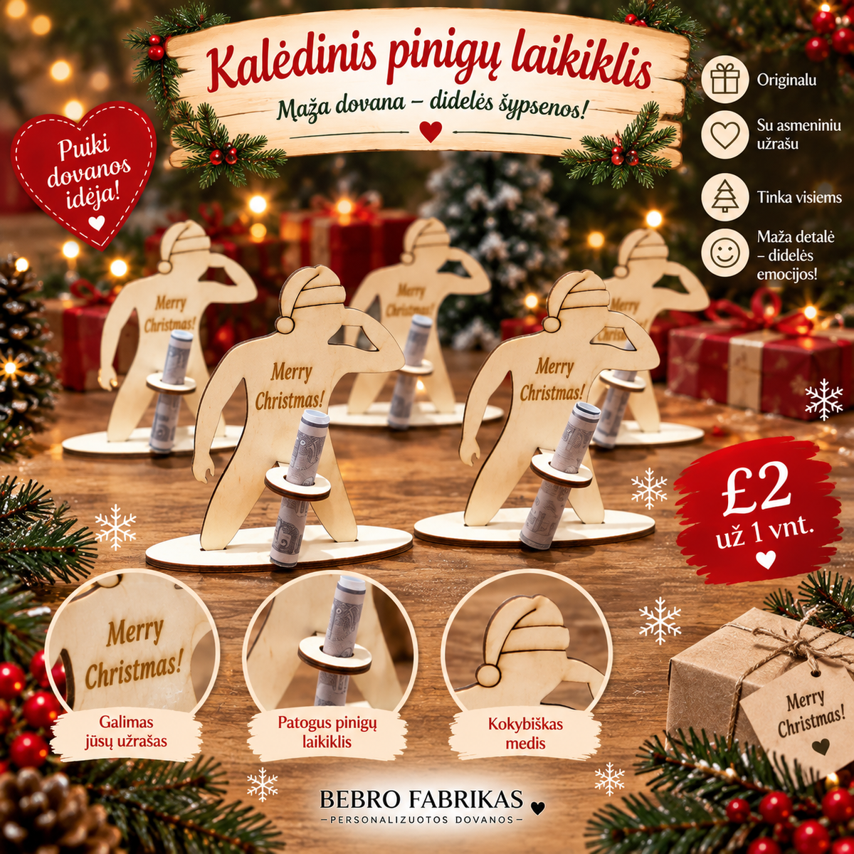 Kalėdinis medinis pinigų laikiklis