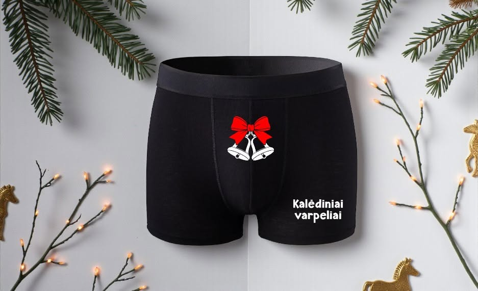 Juodi vyriški bokseriai su kalėdiniu varpelių dizainu