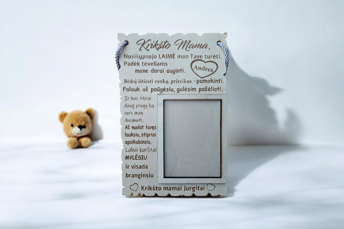 Personalizuotas medinis rėmelis krikšto mamai su vieta nuotraukai