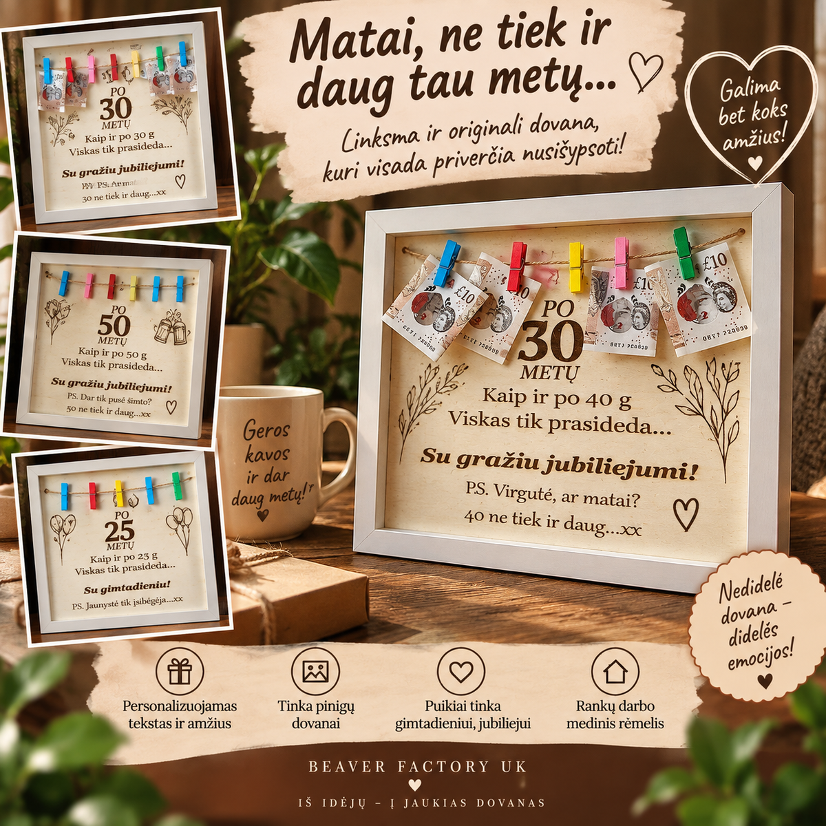 Personalizuotas pinigų dovanų rėmelis bet kokiam amžiui
