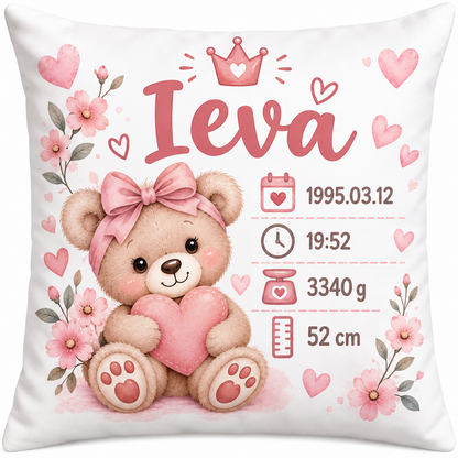 Personalizuotas 40 x 40 cm pagalvėlės užvalkalas berniukui su gimimo informacija