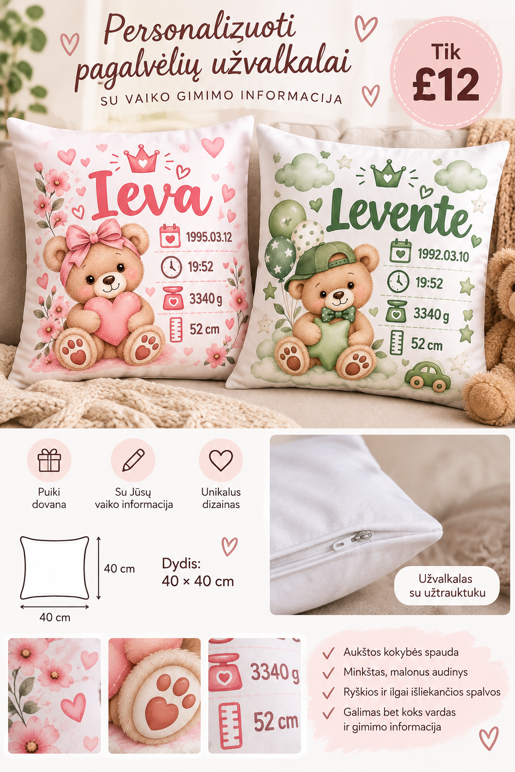 Personalizuoti pagalvėlių užvalkalai 40 x 40 cm su vaiko gimimo informacija