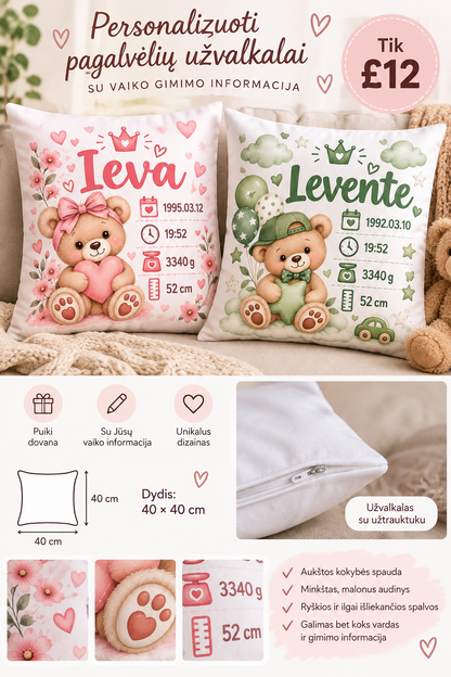 Personalizuoti pagalvėlių užvalkalai 40 x 40 cm su vaiko gimimo informacija