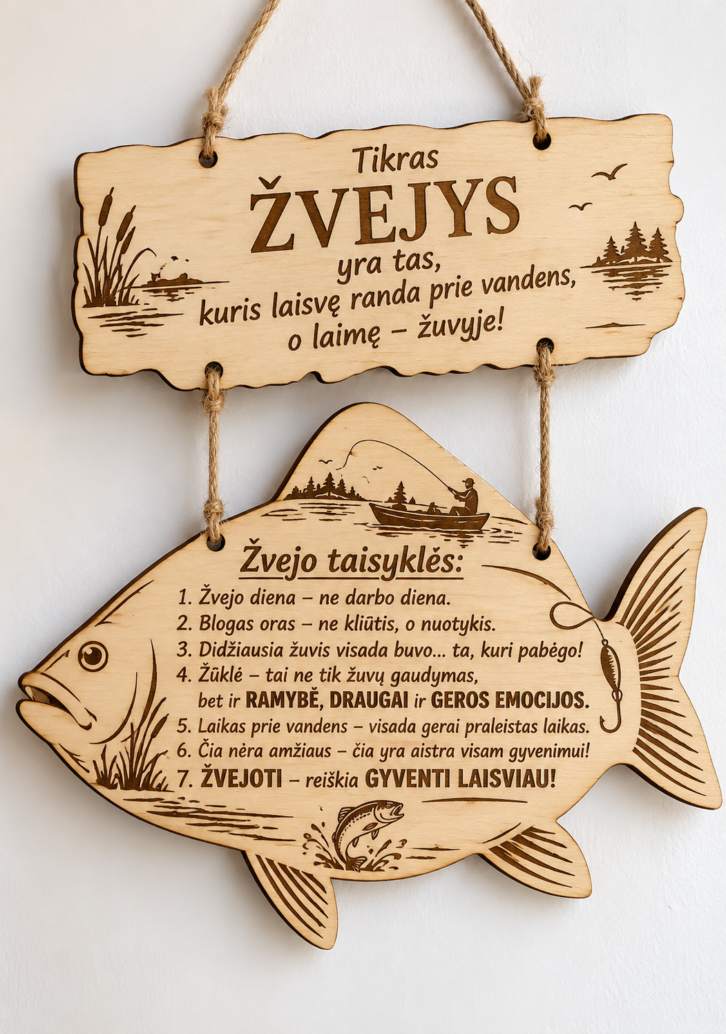 Tikras žvejys – medinė Žvejo taisyklių dekoracija