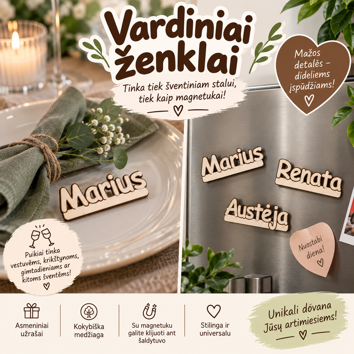 Personalizuoti mediniai vardiniai ženkliukai stalui ir šaldytuvui